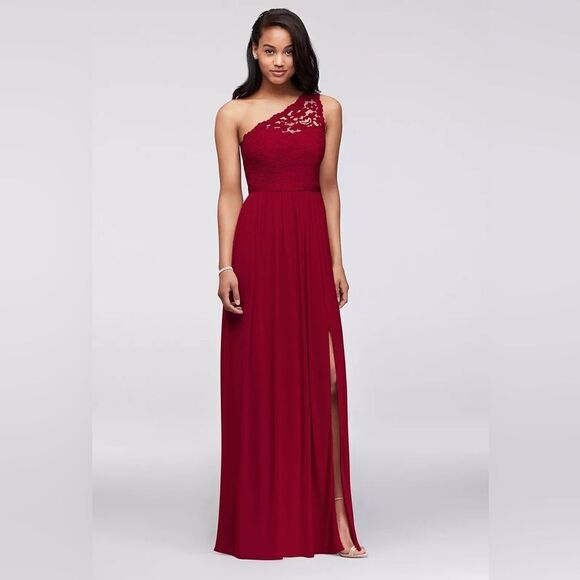 David's Bridal One Shoulder Lace Bodice Long Maxi Dress Size 22 Apple Red - Picture 13 of 14